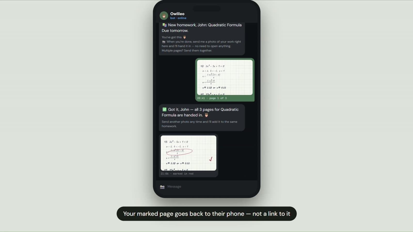 Marked homework arriving back on a student's phone